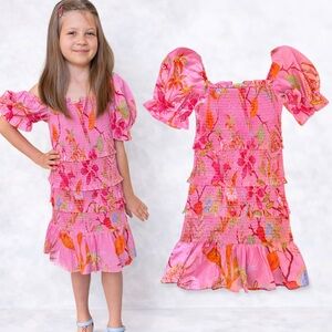J.Marie Dress Girls Playa Puff Sleeve Pink Floral Size 7/8 NWT